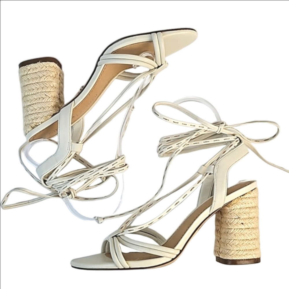 Gibson Latimer Tasha Sheep Leather Cream Open Toe Ankle Wrap Block Heel Sandal - Picture 2 of 16